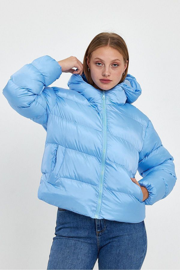 trendalisse Women s Blue Hooded Puffer Jacket Coat Trendyol