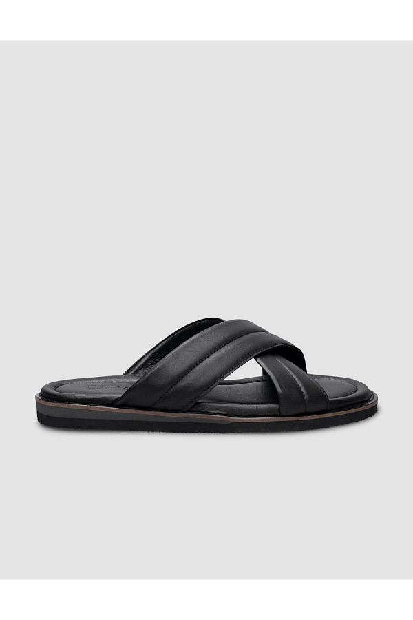 Cabani Black Cross Strapped 100 Genuine Leather Men s Slippers Trendyol