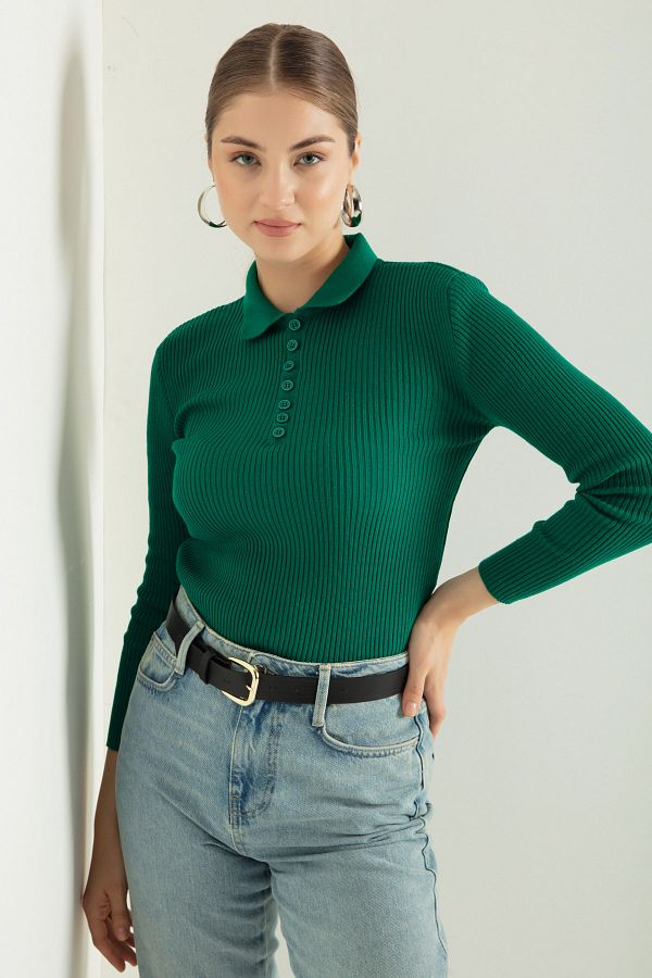 Lafaba Women s Emerald Green Polo Neck Ribbed Knitwear Sweater Trendyol