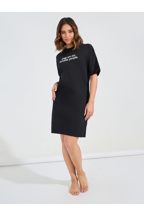 Styli Cotton Dropped Shoulder Slogan Sleep T Shirt Dress Trendyol