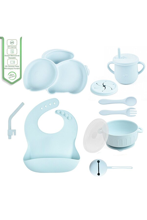 jojobebek Silikon Beslenme Seti, Mama Tabağı, Kase, Bardak, Emzik Kılıfı, Pipet, Önlük, Çatal-Kaşık-Buz Mavisi