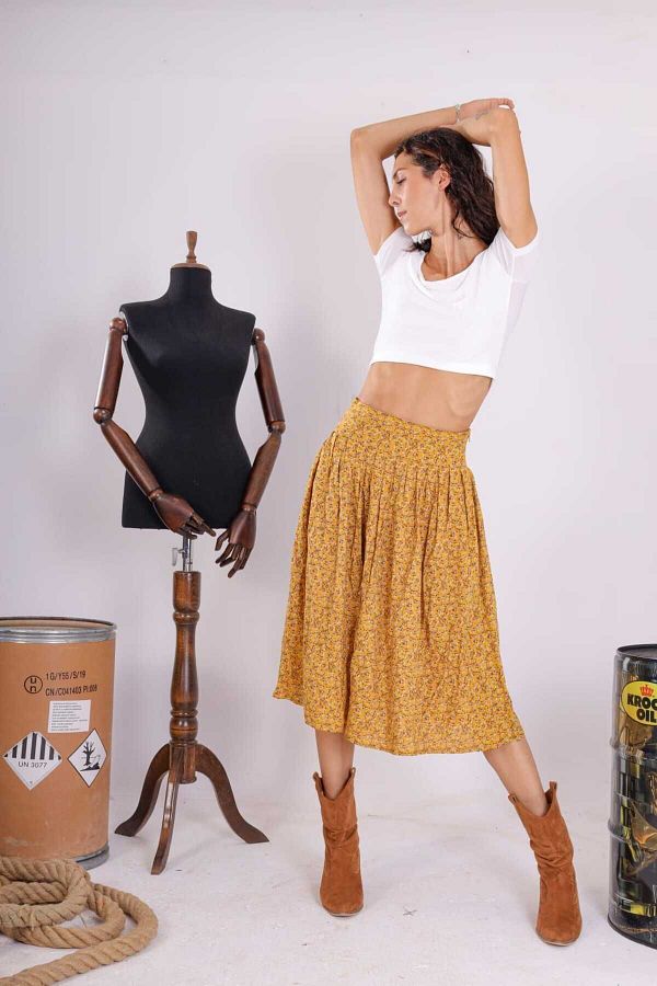 cad butik women s mustard yellow floral print midi skirt with pockets Trendyol