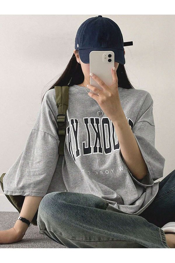MODARİCH-Brooklyn City T-Shirt - Gray Printed Oversize Crew Neck Short Sleeve Loose 1