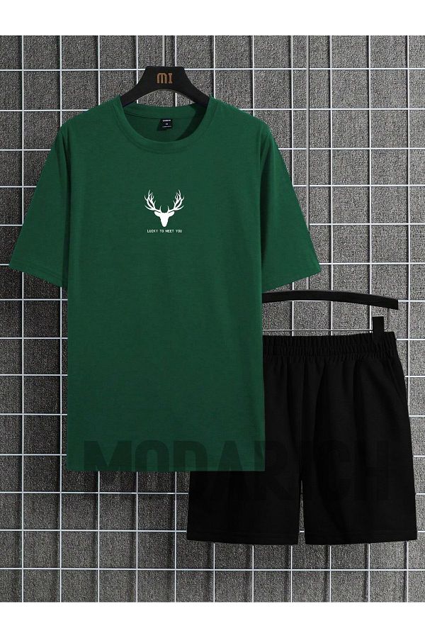 MODARİCH-تي شيرت Lucky Deer Horn Nefti Green تي شيرت أسود - شورت تي شيرت سفلي علوي مطبوع برقبة دائرية 1