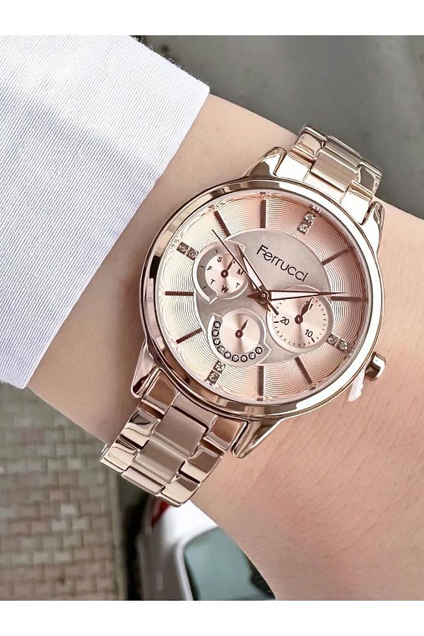 Ferrucci Rose Women s Watch Gold Stoned Striped Dial Date Display Metal Cord Sleeve Trendyol