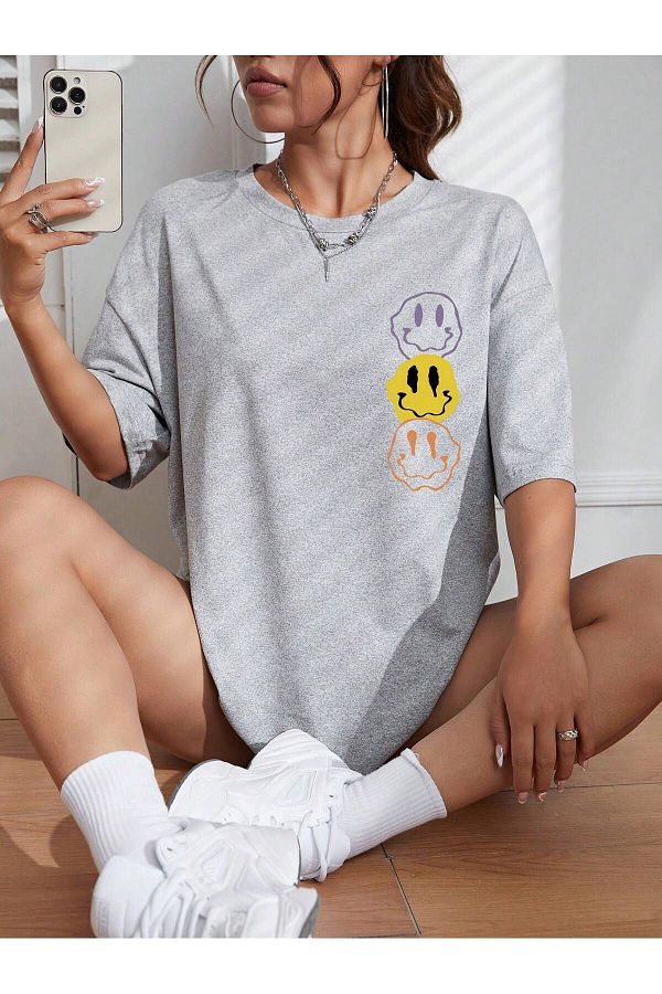 MODARİCH-Emoji Smileys T-Shirt - Gray Printed Oversize Crew Neck Short Sleeve Loose 1