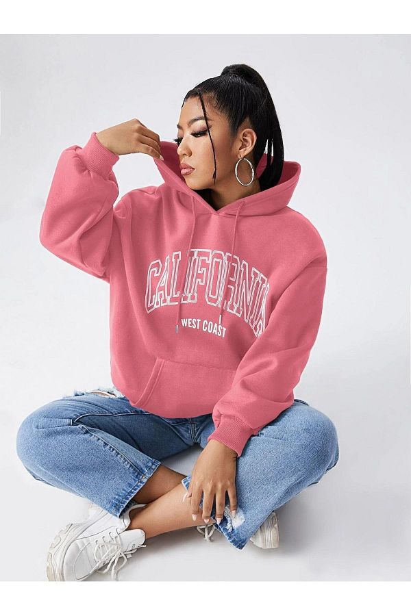 MODARİCH-California West Coast Winter Thick Sweatshirt - Powder Pink Printed Oversized Ribbon Hoodie 1