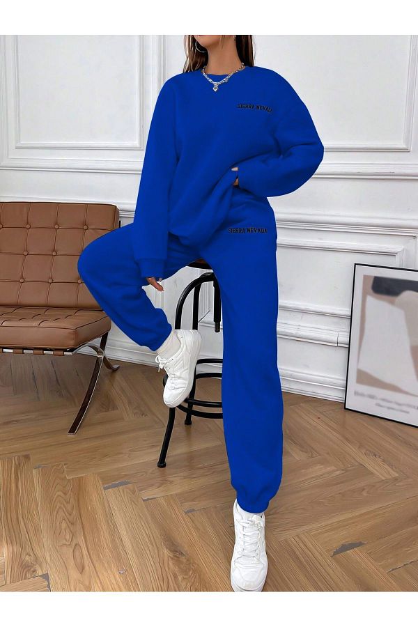 MODAR CH Sierra Nevada Sweatshirt Sweatpants Jogger Sax Blue Printed Bottom Top Tracksuit Set Crew Neck Trendyol