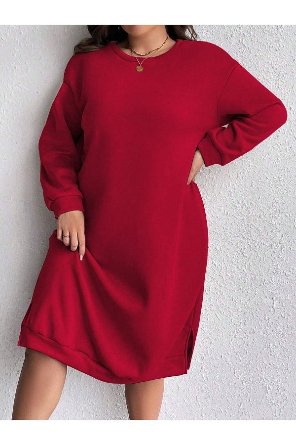 MODAR CH Slit Detailed Winter Sweatshirt Dress Red Oversize Patternless Plain Crew Neck Trendyol