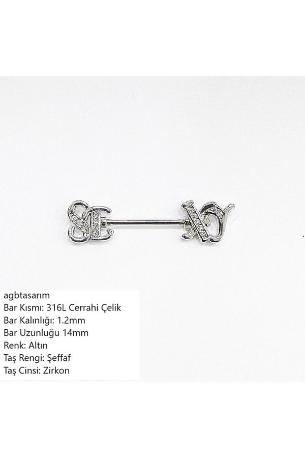 agbtasarım-Special Design "nipple" "SEXY" Written Chest Piercing with Zircon Stone Accessory (CIRRAHİ STEEL BODY) 1
