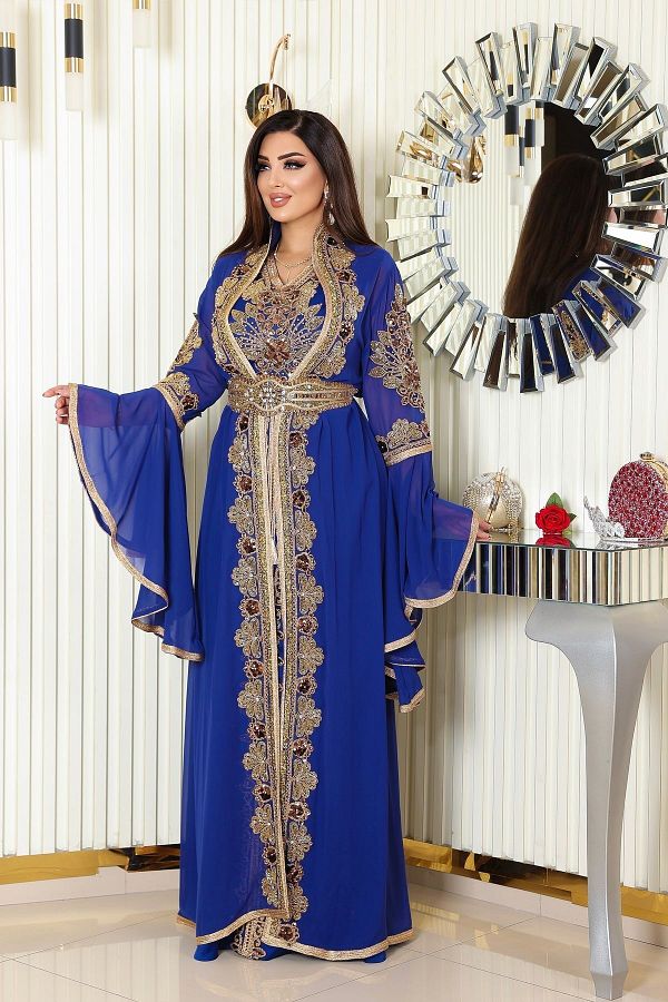 Helen Fashion Royal Caftan with Jewelled Pearls and Satin Inside Chiffon Caftan Designed with Accessories Trendyol
