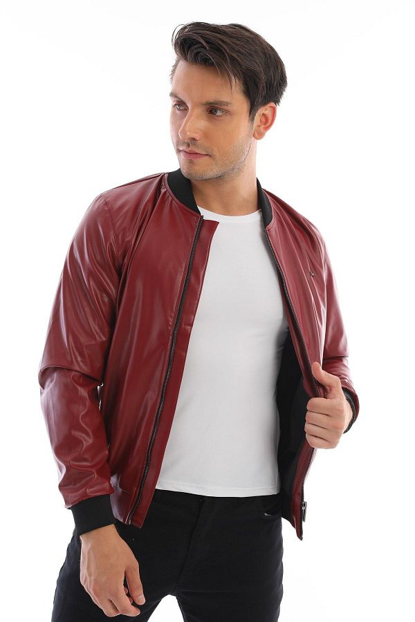 QAWWA Men s Burgundy Water Repellent Lined Faux Leather Jacket Trendyol