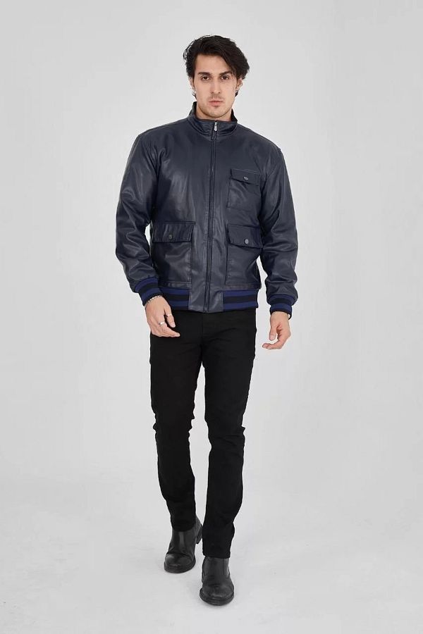 The Cool Deer Navy Blue Men s Faux Leather Jacket Zippered Inside Fiber and Lined Trendyol