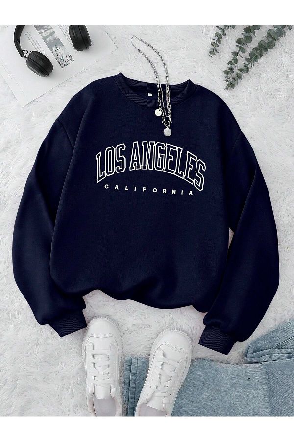 MODAR CH Los Angeles California Sweatshirt Navy Blue Printed Oversize Hooded Crew Neck Trendyol