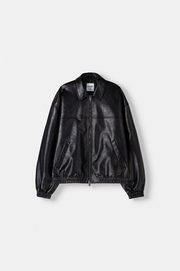 【BERSHKA】コントラストポリレザーファーエフェクトジャケット BERSHKA】コントラストポリレザーファーエフェクトジャケット