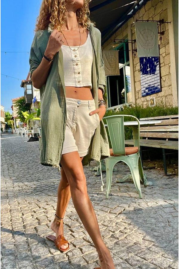 Gune k z Linen Look Casual CardiGan KHaki WasHed Hooded Distressed Detail Tied Skirt Rsd1198 Trendyol
