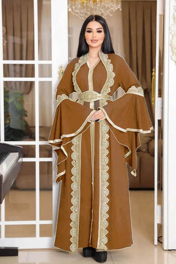 FLORA TEKST L Kimono Caftan Brown Slim fit Trendyol