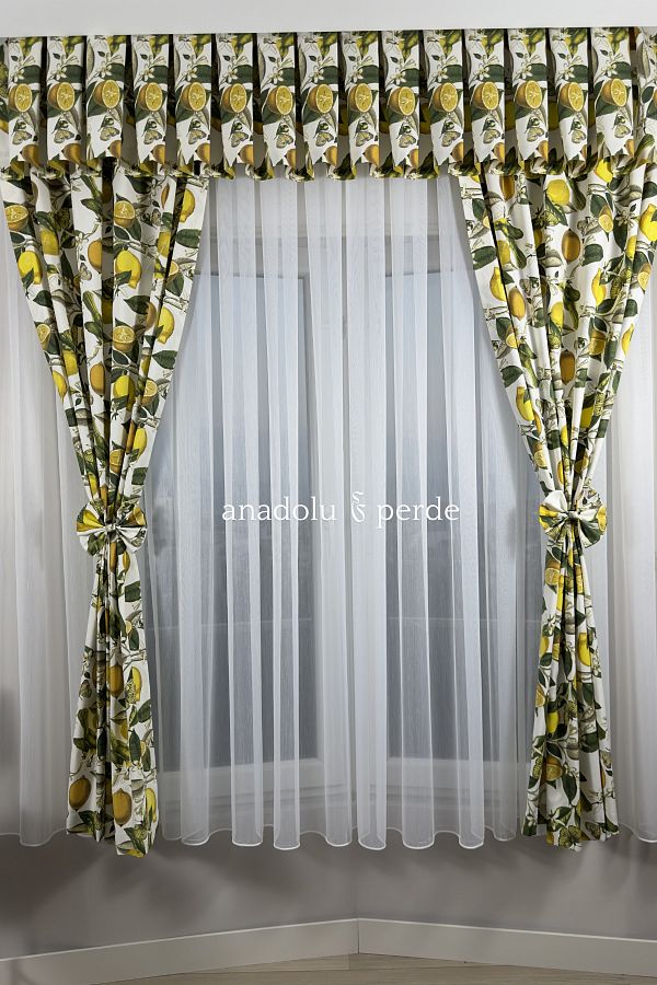 GLOMAR-1/3 Lemon Patterned Rustic Kitchen Curtain with Barbell - Tight Pleat Short Background 1