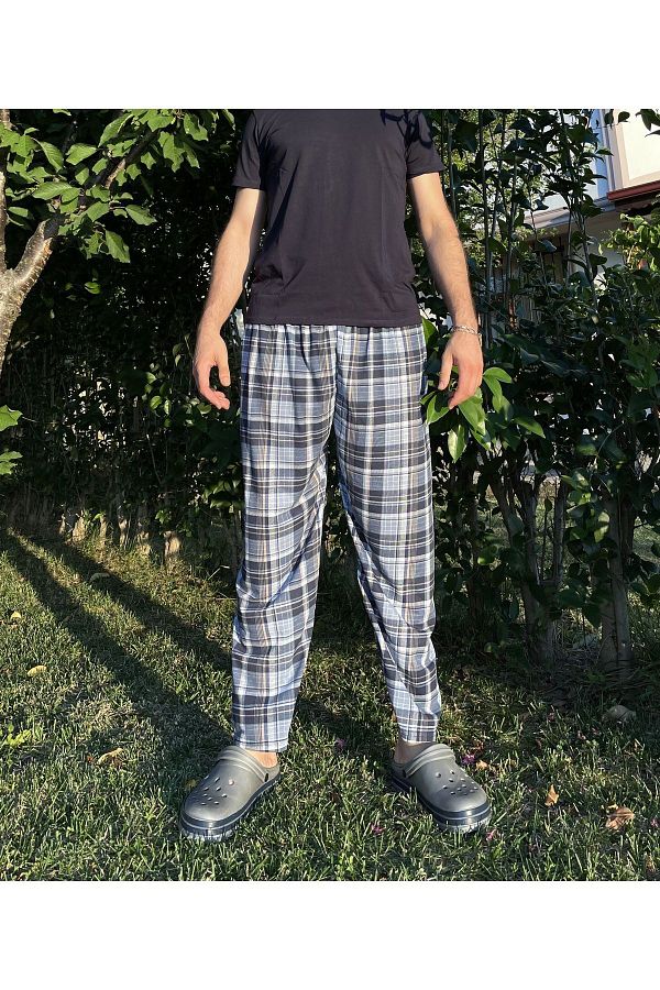 Betimoda Men s 100 Cotton Pocketless Pajama Bottoms with Elastic Waistband Tracksuit Filenel Blue Trendyol