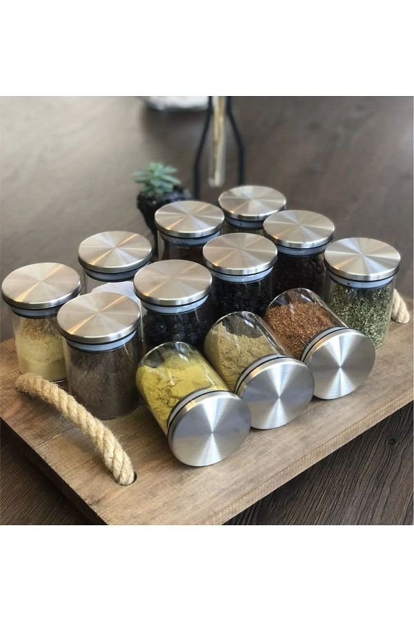 Kitchen Pembelia 12 Piece Borosilicate Glass 200ml Spice Jar Set with Metal Vacuum Lid Storage Container Trendyol