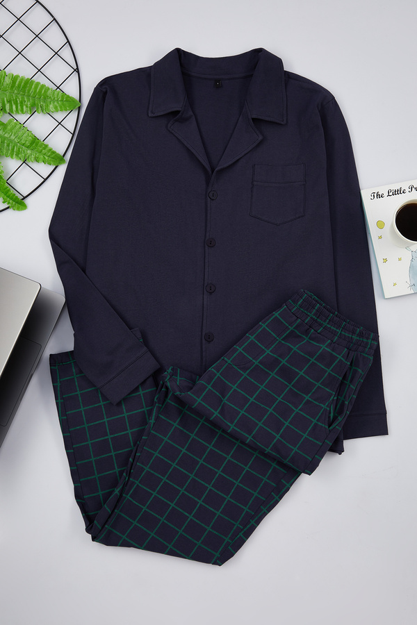 Trendyol Collection-Pánské pletené pyžamo s námořnickou modří Regular Fit – detail horní paspulky, 100% bavlna Tmnaw22Pt1073 1