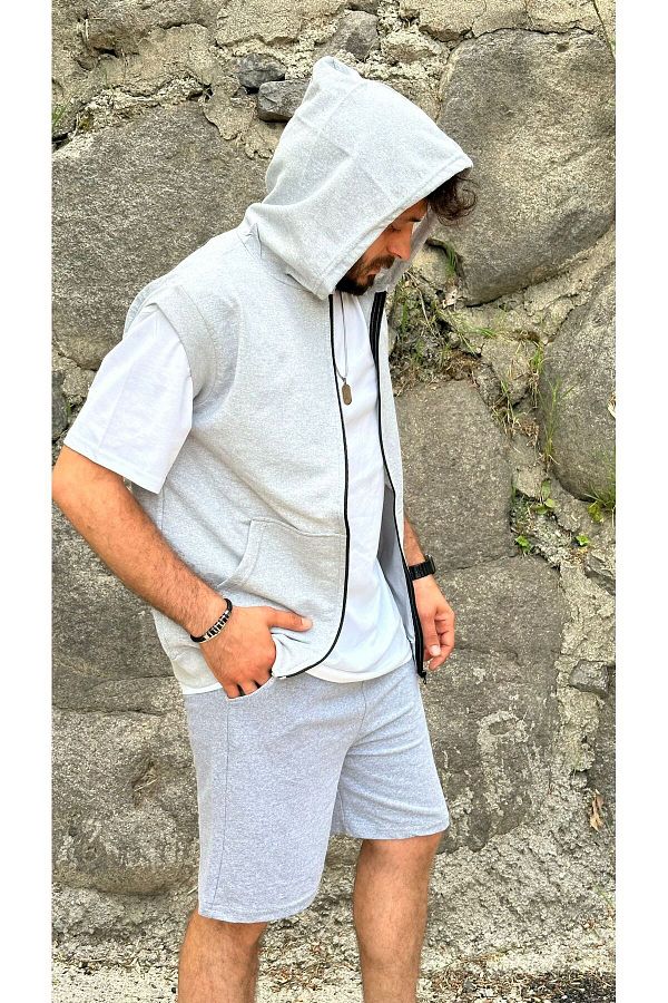 MODAR CH 3 Piece Basic Shorts Sleeveless Cardigan T Shirt Set Gray Short Sleeve Hoodie Summer Trendyol