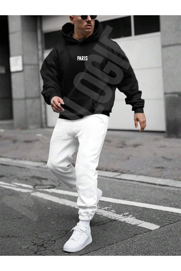 Mythologie Paris Written Black Sweatshirt White Sweatpants Printed Elastic Leg Oversize Hoodie Trendyol