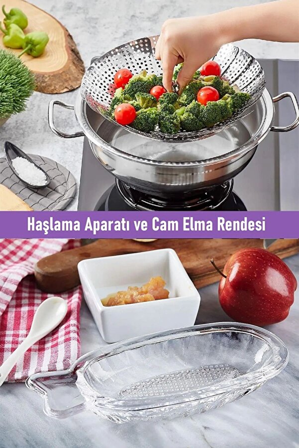 MorPort Bebekler için Ek Gıda Haşlama Aparatı ve Cam Elma Rendesi 2'li Set