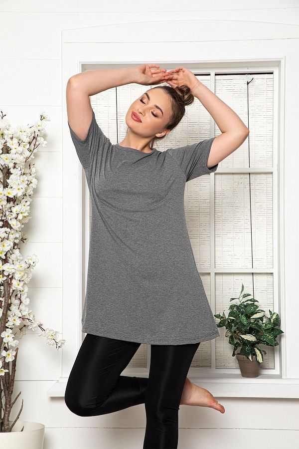 MyBen-Women's Anthracite Short Sleeve Cotton Crew Neck Combed Cotton Tunic 1