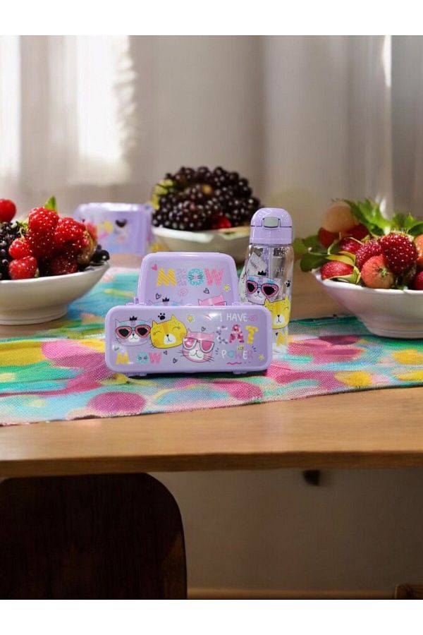 lstri-500 cc Cat Lunch Box - 4 Compartments, 2 Layers, Straw Flask and Pen Holder Set 1