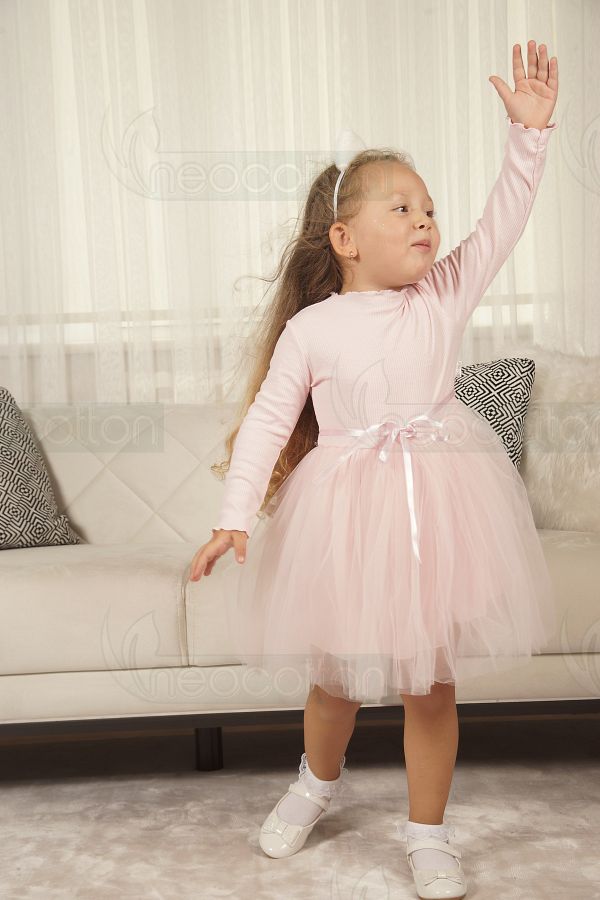 neocotton-Rochie de prințesă cu mânecă lungă, cu tul și căptușeală cu nervuri fără imprimeuri, pentru fete 1