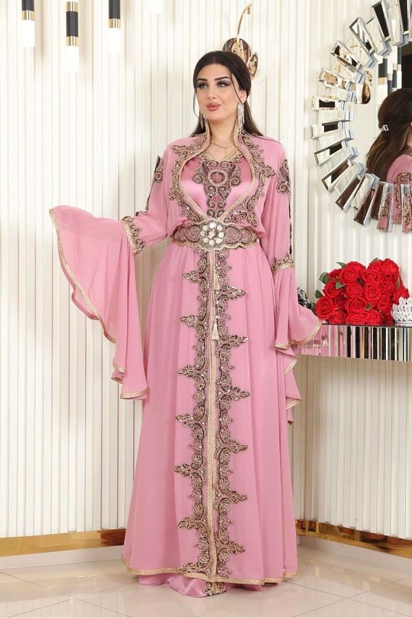 Helen Fashion Royal Caftan with Jewelled Pearls and Satin Inside Chiffon Caftan Designed with Accessories Trendyol