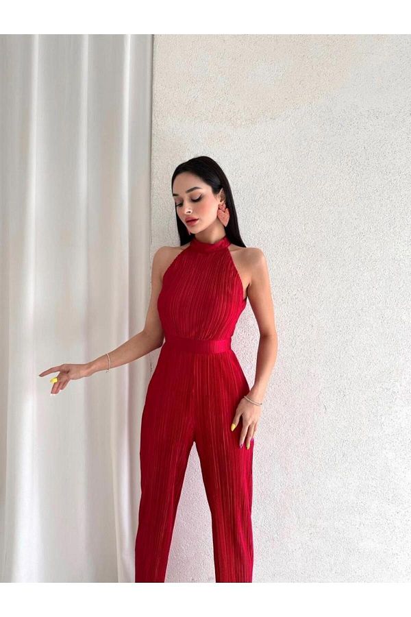 Mooi Butik Misscix Ribbed Sleeveless Halter Neck Women s Red Jumpsuit Evening Dress Graduation Jumpsuit Dress Trendyol