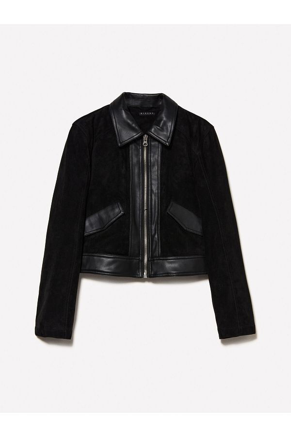 Sisley Black Suede Short Jacket Women s Coat with Zipper and Pockets