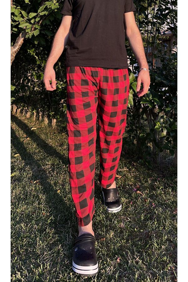Betimoda Red Plaid Print Men s Pajama Bottoms Pocketless Sweatpants Window Square Trendyol