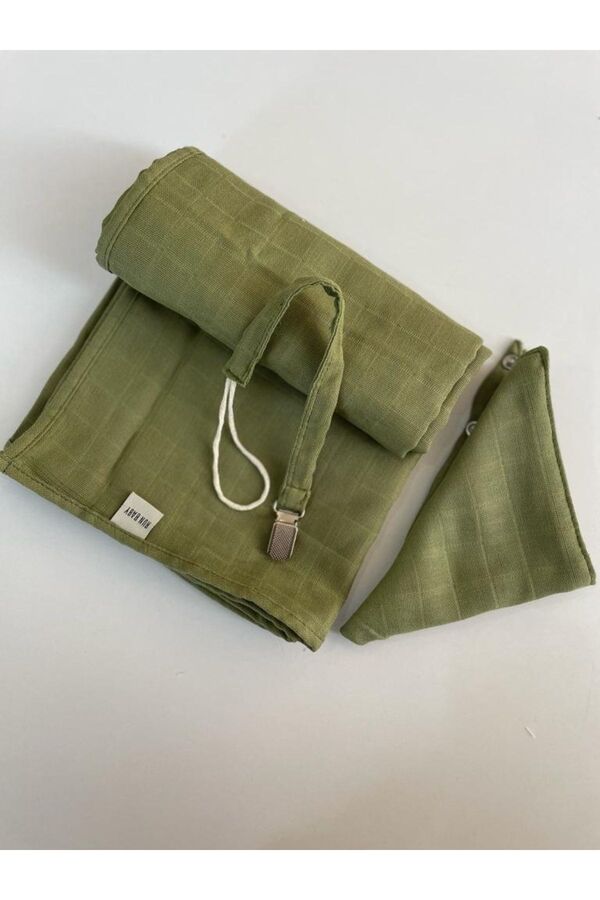 runbaby %100 Pamuk Bebek Yeşil Müslin Seti 75x75cm Örtü Fular Emzik Askısı