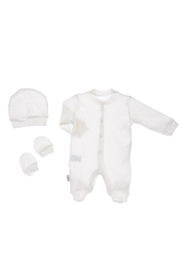 Necix's Ekru Şapkalı Eldivenli Çıtçıtlı Patikli Bebek Tulum