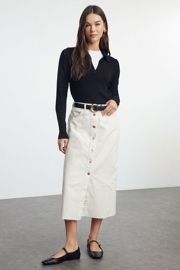 Trendyol Collection-Ecru Button Detail High Waist Midi Denim Skirt Twoss23Et00359 1