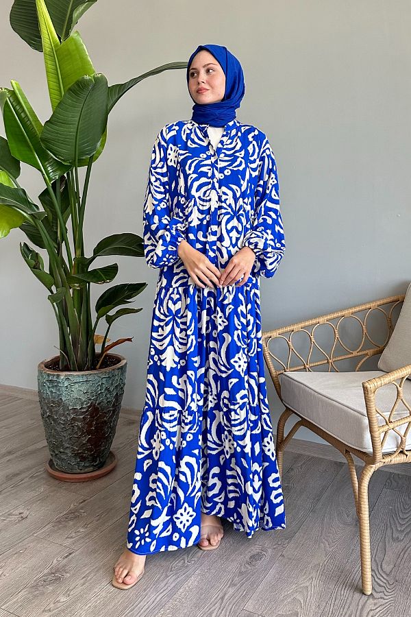 InStyle-Blaues Viskosekleid – geformtes Motivdesign 1