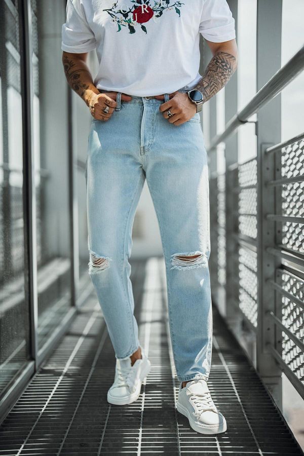 OUTF T MAN Light Blue Boyfriend Jeans Series with Ripped and Distressed Detail Trendyol