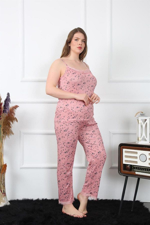 wallmark Oslo Boutique Fashion Striped Large Size Salmon Pajamas Set with Rope Strap202198 Trendyol