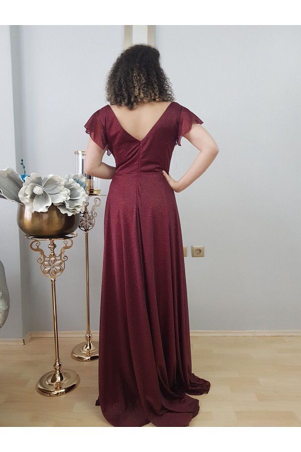 FERGAN Burgundy Chiffon Evening Dress Asymmetrical Half Sleeve Plus Size Dress Trendyol