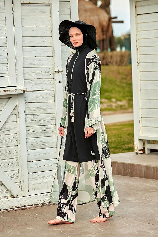 Marina-Gemusterter Khaki-Kimono-Kaftan P2411 1