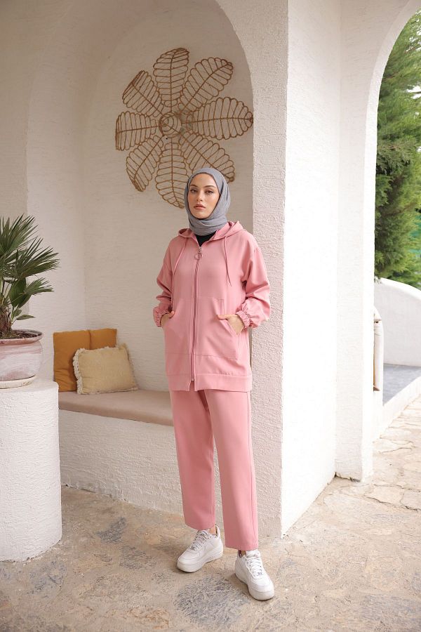 PİNK FLY-Hooded Imported Double Fabric Kangaroo Pocket Women's Hijab Tracksuit Set 1