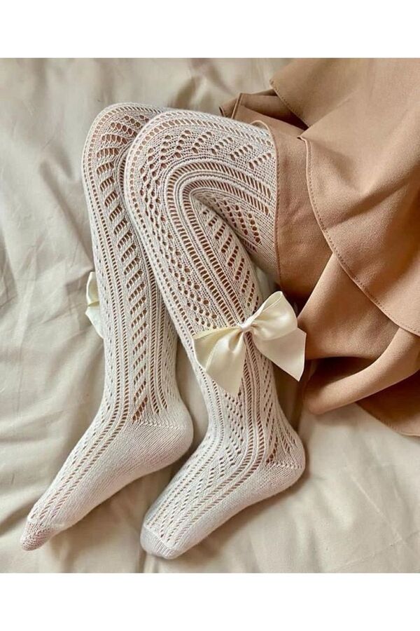 BEBEĞİME ÇORAP Kız Bebek / Kız Çocuk Fiyonklu File Külotlu Çorap - Krem
