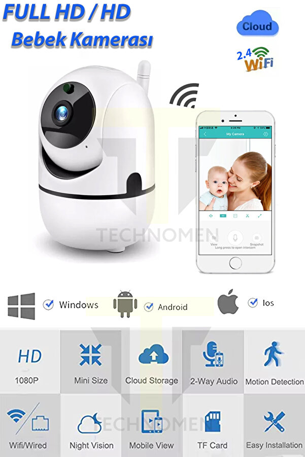 TECHNOMEN PTZ Gece Görüşlü Bebek Kamerası Wifi Akıllı Güvenlik Kamerası Bebek Monitörü Evcil Hayvan Kamerası