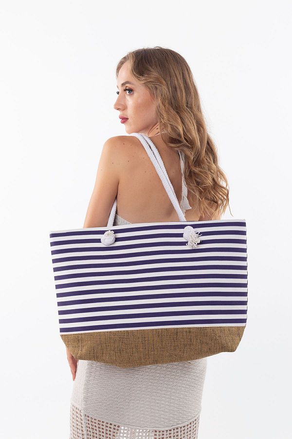 Cantaji Navy Blue White Striped Lined and Zippered Women s Sea Beach Bag Trendyol