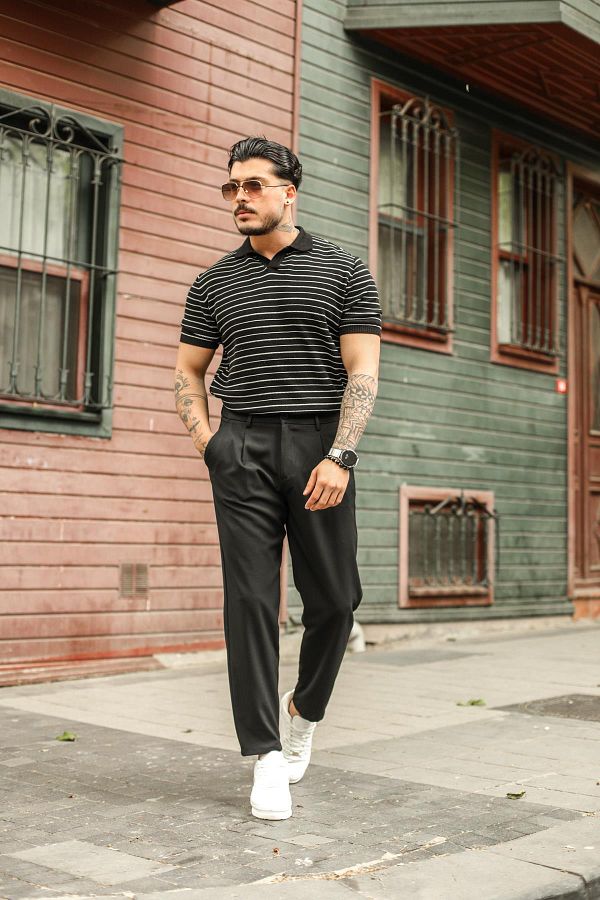 OUTF T MAN Men s Striped Polo Collar T Shirt Black Trendyol