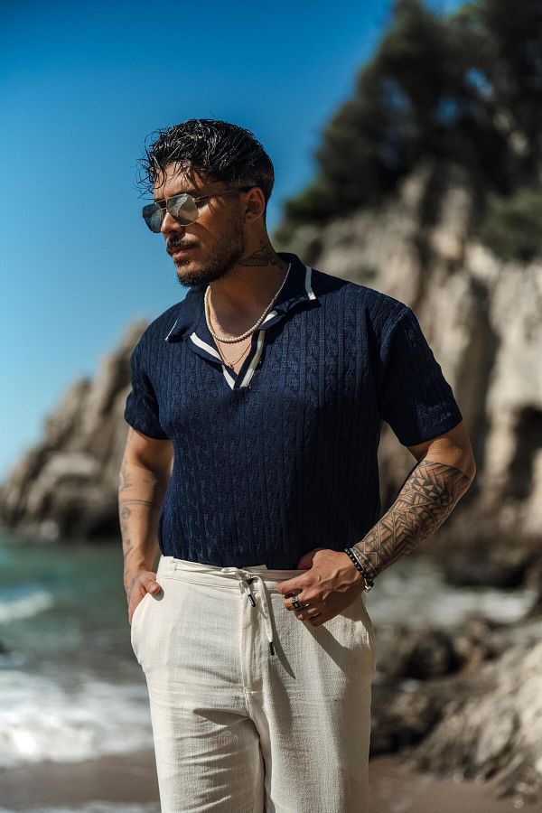 OUTF T MAN Navy Blue Men s Polo Collar Stripe Embroidered T Shirt Trendyol