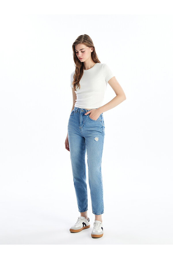 LC Waikiki Ripped Detailed Mom Fit Women's Jean Trousers- Trendyol